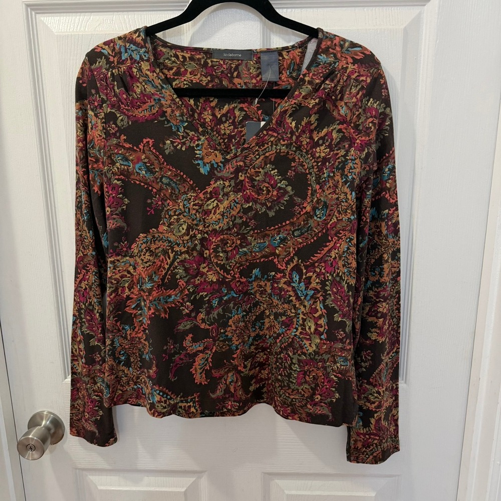 NEW Liz Claiborne Womens Lg Brown Paisley V-Neck Long Sleeve Stretch Top